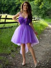 A-line V-neck Asymmetrical Tulle Appliques Lace Prom Dresses #PDS020107236