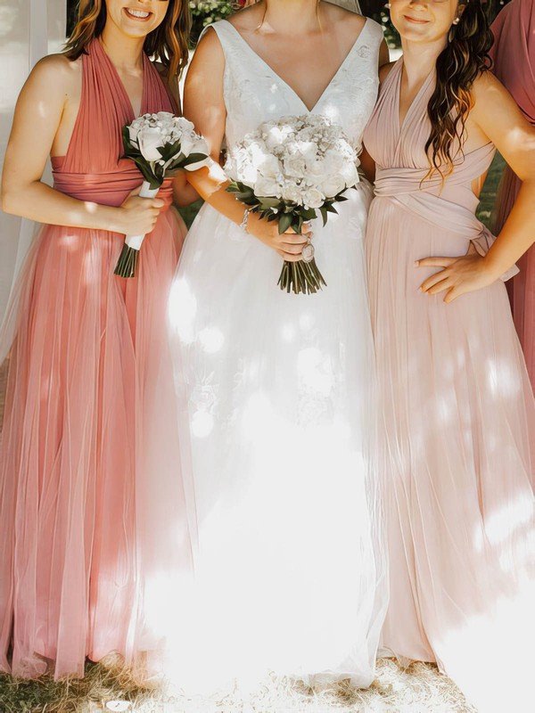 A-line Halter Floor-length Tulle Ruffles Bridesmaid Dresses #PDS01013826