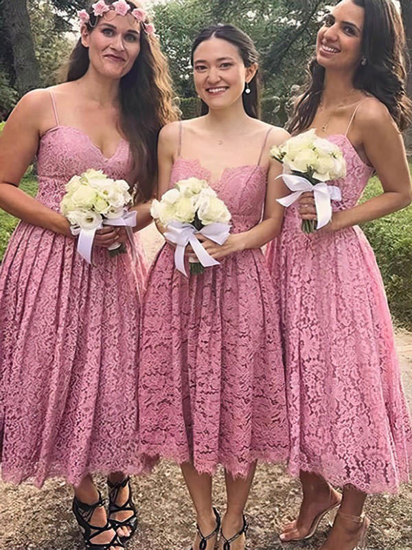 A-line V-neck Tea-length Lace Bridesmaid Dresses #PDS01013850