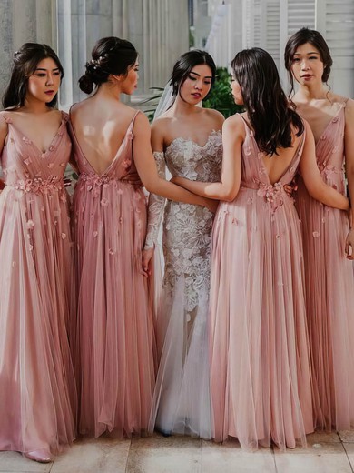 A-line V-neck Floor-length Tulle Flower(s) Bridesmaid Dresses #PDS01013862