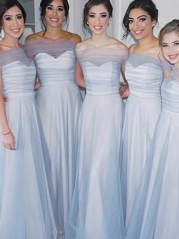 A-line Strapless Sweep Train Tulle Bridesmaid Dresses #PDS01013866