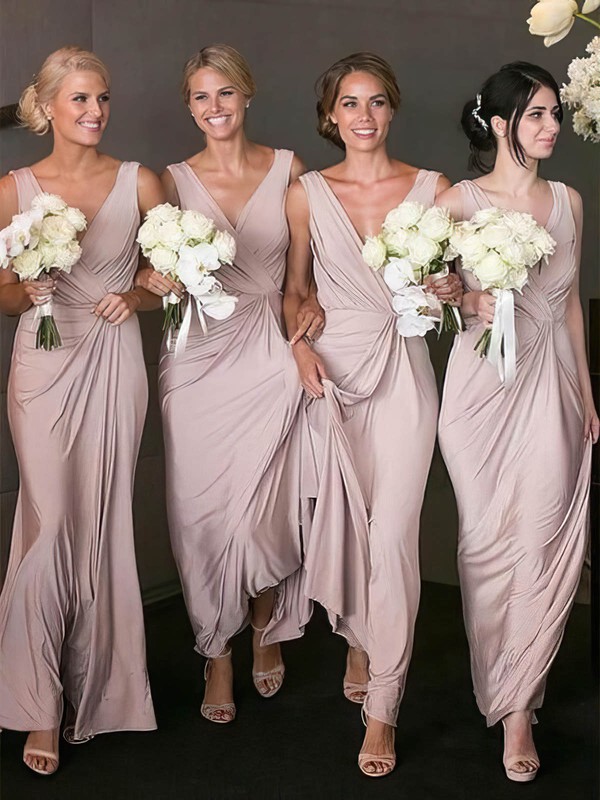 A-line V-neck Floor-length Silk-like Satin Ruffles Bridesmaid Dresses #PDS01013867
