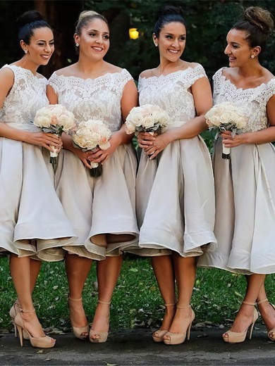 A-line Scoop Neck Knee-length Silk-like Satin Appliques Lace Bridesmaid Dresses #PDS01013869