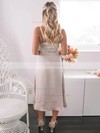 A-line V-neck Tea-length Silk-like Satin Sashes / Ribbons Bridesmaid Dresses #PDS01013882
