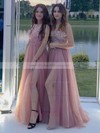 A-line V-neck Sweep Train Tulle Glitter Split Front Bridesmaid Dresses #PDS01013896