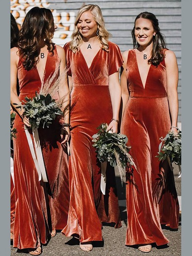 Sheath/Column V-neck Floor-length Velvet Bridesmaid Dresses #PDS01013900