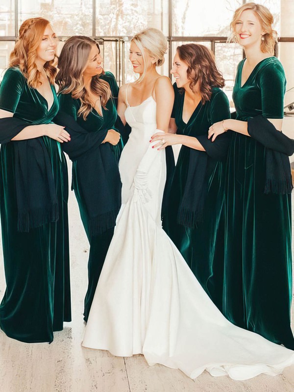 A-line V-neck Floor-length Velvet Bridesmaid Dresses #PDS01013919