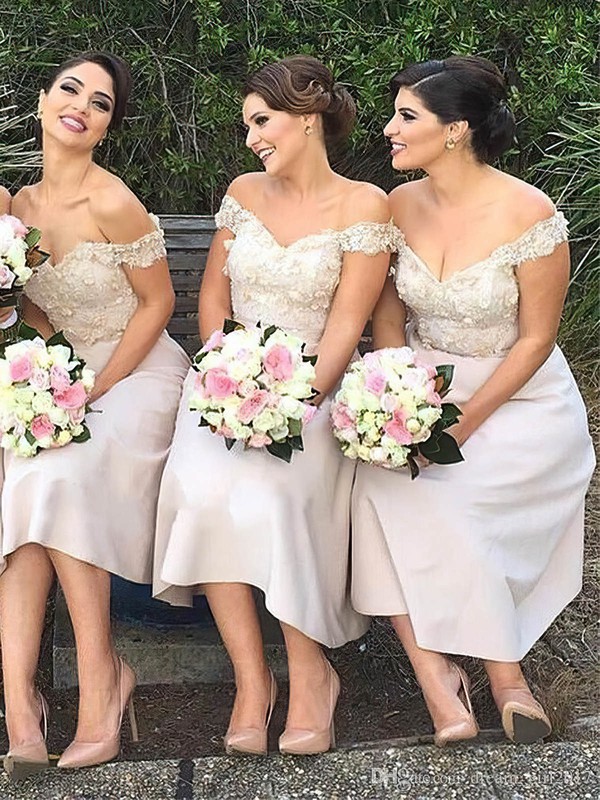 A-line Off-the-shoulder Tea-length Silk-like Satin Appliques Lace Bridesmaid Dresses #PDS01014118