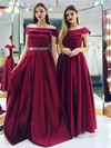 A-line Off-the-shoulder Sweep Train Satin Beading Bridesmaid Dresses #PDS01014124
