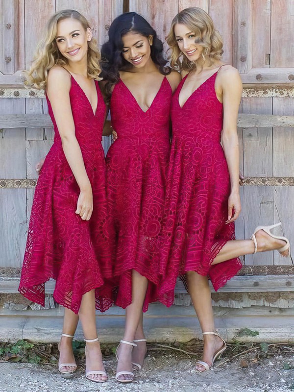 A-line V-neck Tea-length Lace Bridesmaid Dresses #PDS01014129