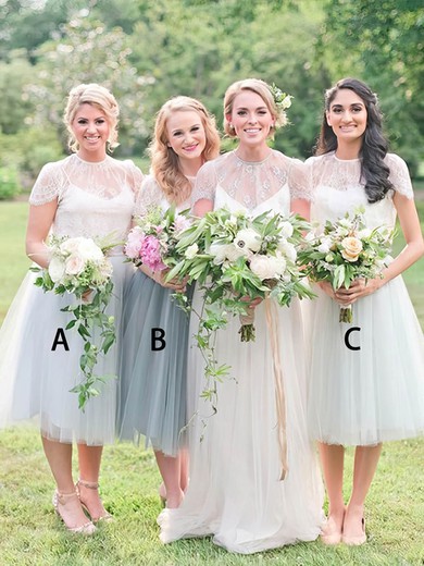 A-line Scoop Neck Tea-length Tulle Appliques Lace Bridesmaid Dresses #PDS01014139