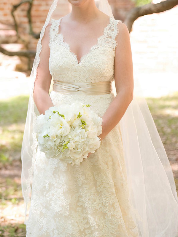 Online Ivory Lace V-neck with Sashes/Ribbons Open Back Wedding Dress #PDS00020713