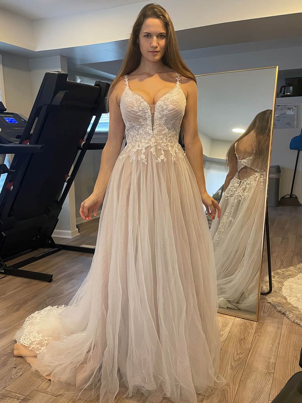 A-line V-neck Sweep Train Tulle Appliques Lace Wedding Dresses #PDS00023894