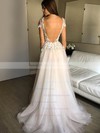 A-line V-neck Sweep Train Tulle Appliques Lace Wedding Dresses #PDS00023912