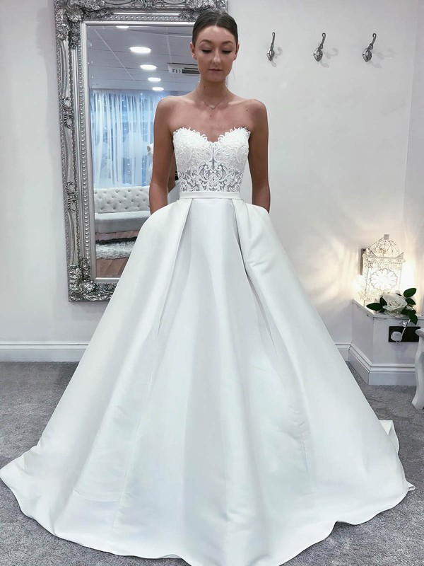 Ball Gown Strapless Court Train Satin Appliques Lace Wedding Dresses #PDS00023913