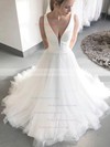 A-line V-neck Court Train Satin Tulle Wedding Dresses #PDS00023914