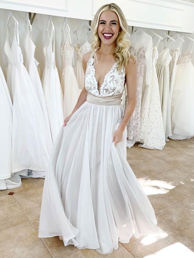 A-line V-neck Floor-length Chiffon Lace Wedding Dresses #PDS00023915