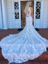 Trumpet/Mermaid V-neck Chapel Train Tulle Appliques Lace Wedding Dresses #PDS00023916