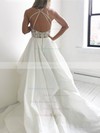 A-line V-neck Court Train Lace Silk-like Satin Cascading Ruffles Wedding Dresses #PDS00023919