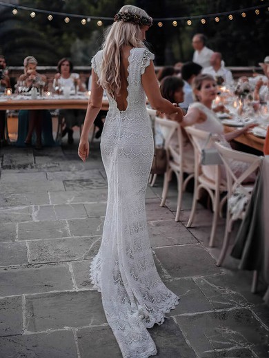 Trumpet/Mermaid V-neck Sweep Train Lace Wedding Dresses #PDS00023921