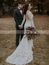 Sheath/Column Scalloped Neck Sweep Train Lace Beading Wedding Dresses #PDS00023922