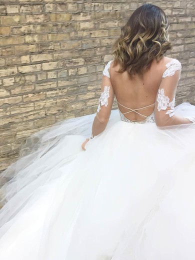Ball Gown Scoop Neck Court Train Tulle Appliques Lace Wedding Dresses #PDS00023924