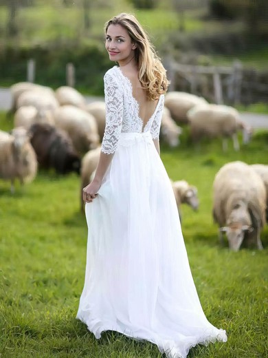 A-line V-neck Sweep Train Lace Chiffon Sashes / Ribbons Wedding Dresses #PDS00023926