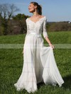 A-line V-neck Sweep Train Lace Chiffon Sashes / Ribbons Wedding Dresses #PDS00023926