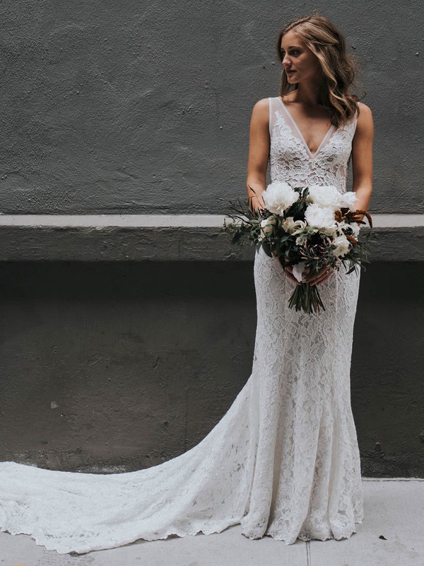 Sheath/Column V-neck Chapel Train Lace Wedding Dresses #PDS00023927