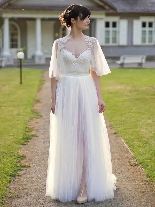 A-line V-neck Floor-length Tulle Appliques Lace Wedding Dresses #PDS00023931