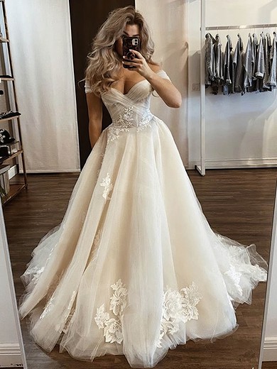 A-line Off-the-shoulder Court Train Tulle Appliques Lace Wedding Dresses #PDS00023935