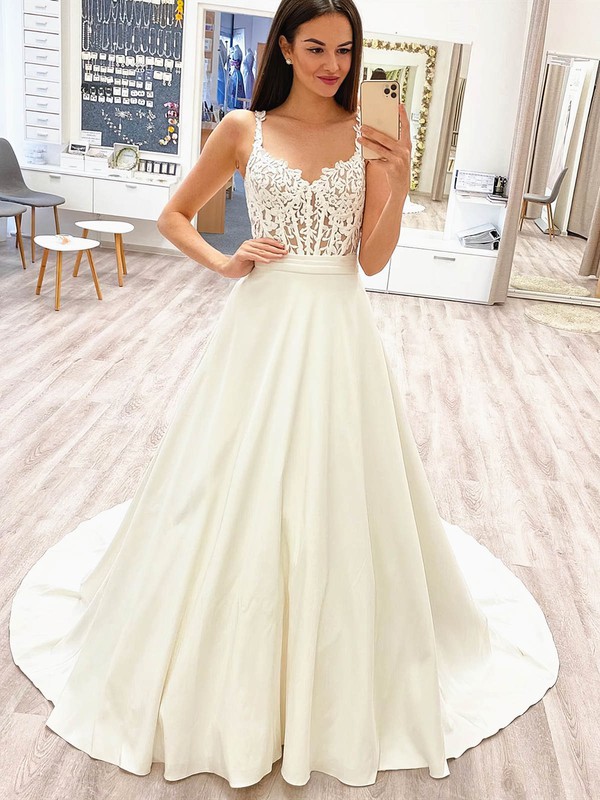 A-line Scalloped Neck Sweep Train Silk-like Satin Appliques Lace Wedding Dresses #PDS00023936