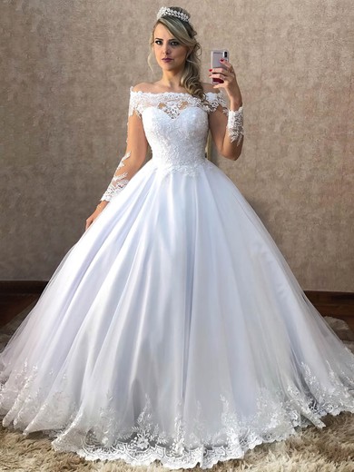 Ball Gown Off-the-shoulder Sweep Train Tulle Appliques Lace Wedding Dresses #PDS00023938