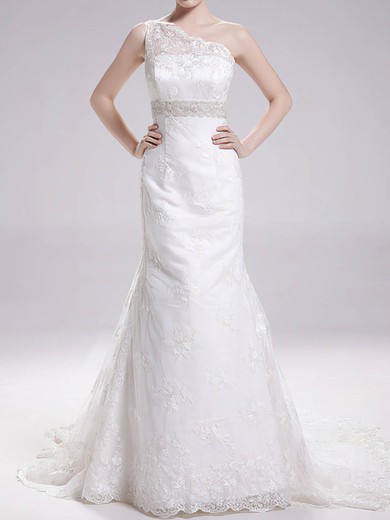 Affordable One Shoulder White Lace Covered Button Trumpet/Mermaid Wedding Dresses #PDS00020718