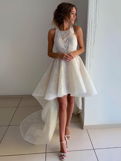A-line Square Neckline Asymmetrical Glitter Wedding Dresses #PDS00023941