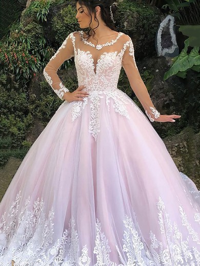 Ball Gown Scoop Neck Court Train Tulle Appliques Lace Wedding Dresses #PDS00023942