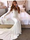 Trumpet/Mermaid V-neck Court Train Silk-like Satin Appliques Lace Wedding Dresses #PDS00023943