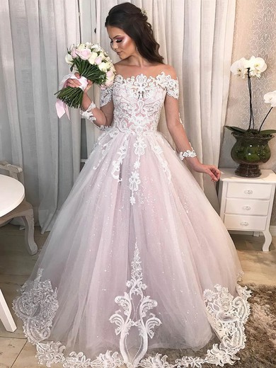 Ball Gown Scoop Neck Sweep Train Glitter Appliques Lace Wedding Dresses #PDS00023944