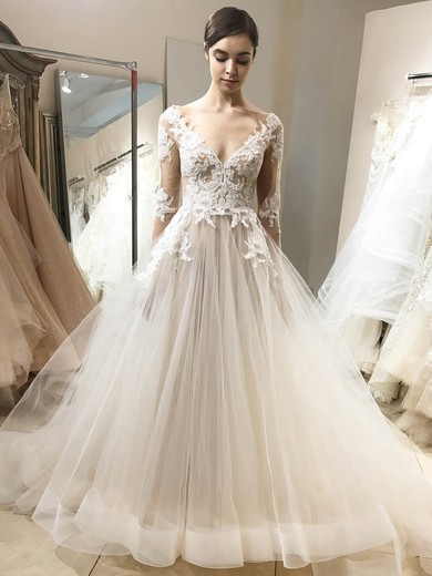 Ball Gown Scoop Neck Sweep Train Tulle Appliques Lace Wedding Dresses #PDS00023946