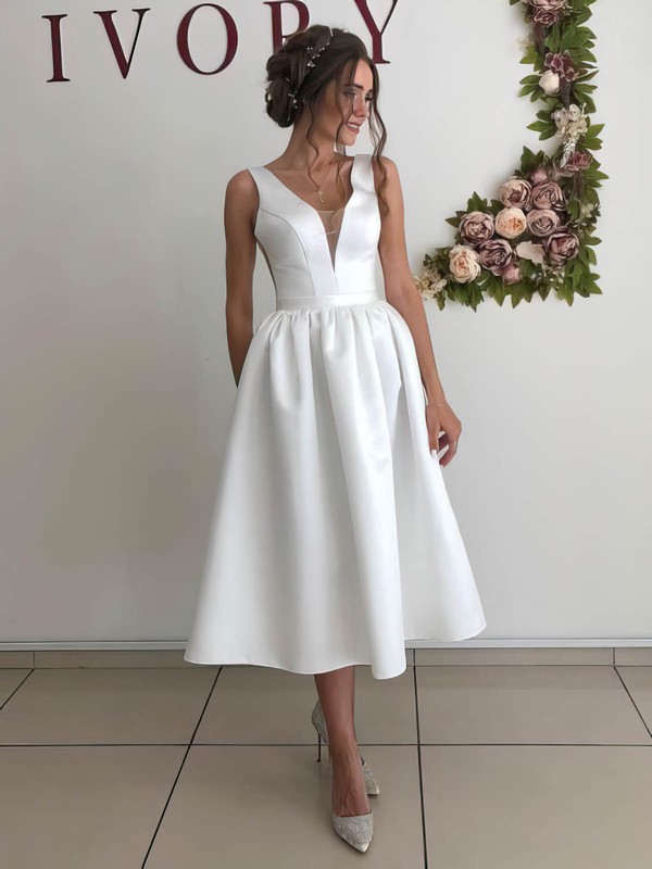 Ball Gown V-neck Tea-length Satin Wedding Dresses #PDS00023954