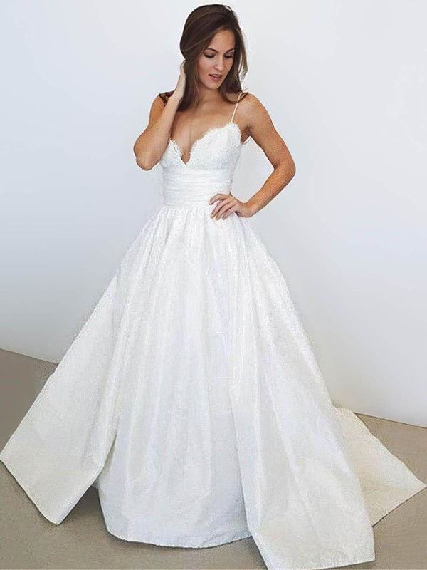 Ball Gown V-neck Court Train Satin Lace Wedding Dresses #PDS00023956