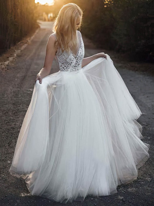 A-line V-neck Floor-length Tulle Appliques Lace Wedding Dresses #PDS00023957