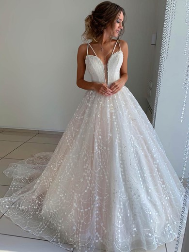 Ball Gown V-neck Court Train Tulle Appliques Lace Wedding Dresses #PDS00023958