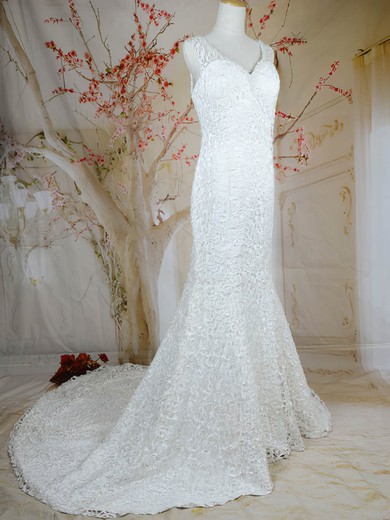 Trumpet/Mermaid Best White Lace Buttons Court Train V-neck Wedding Dresses #PDS00020721