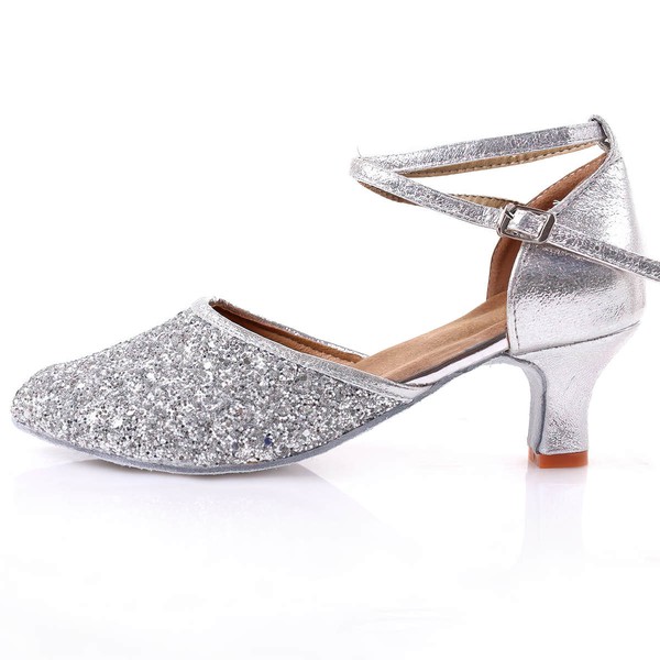 Women's Closed Toe Sparkling Glitter Buckle Kitten Heel Dance Shoes #PDS03031099