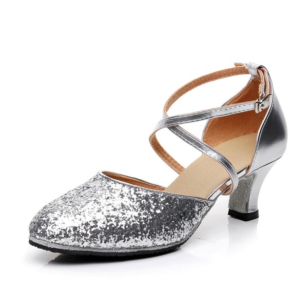 Women's Closed Toe Sparkling Glitter Sequin Kitten Heel Dance Shoes #PDS03031235