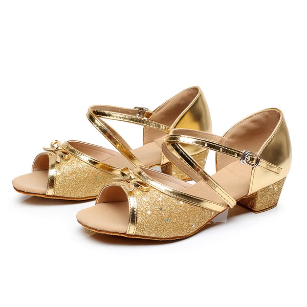 Kids' Peep Toe Sparkling Glitter Sequin Flat Heel Dance Shoes #PDS03031243