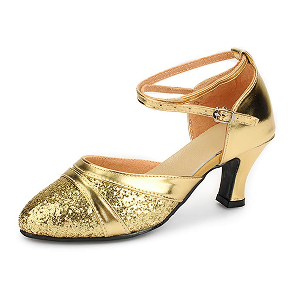 Women's Closed Toe Sparkling Glitter Buckle Kitten Heel Dance Shoes #PDS03031244