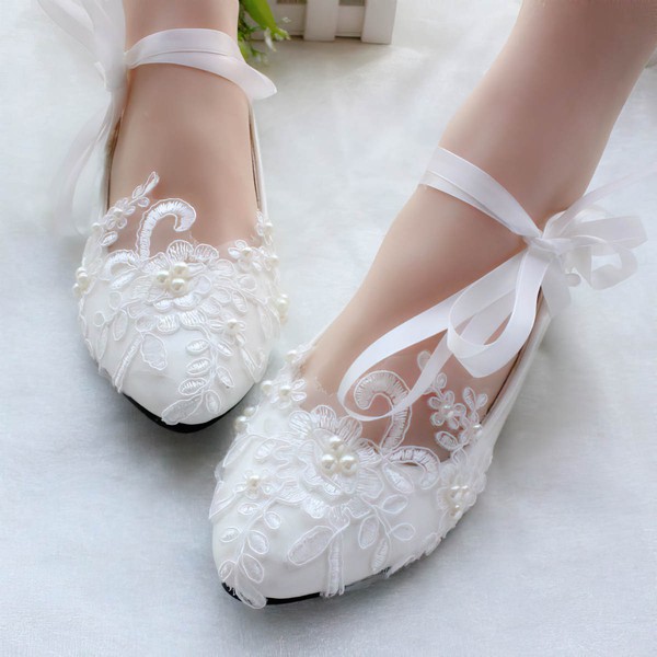 Women's Pumps PVC Imitation Pearl Flat Heel Wedding Shoes #PDS03031128