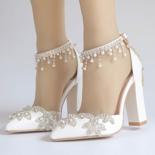 Women's Closed Toe PVC Crystal Chunky Heel Wedding Shoes #PDS03031136
